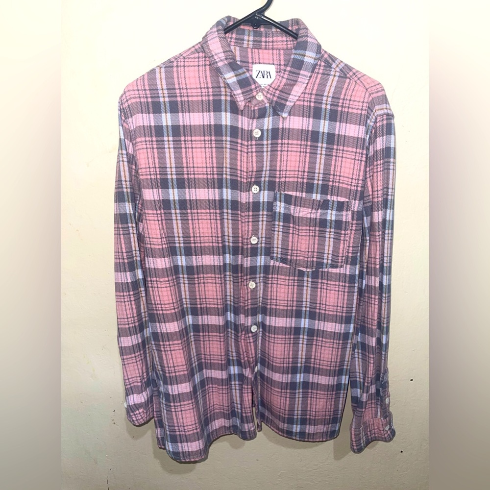 Zara Casual Pink&Grey Button Down Flannel.  Size:Medium
